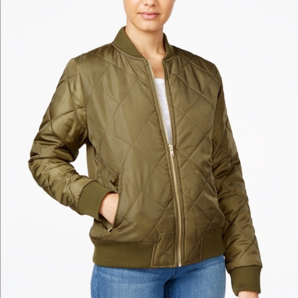 Say What? Juniors' Quilted Bomber Jacket, Olive